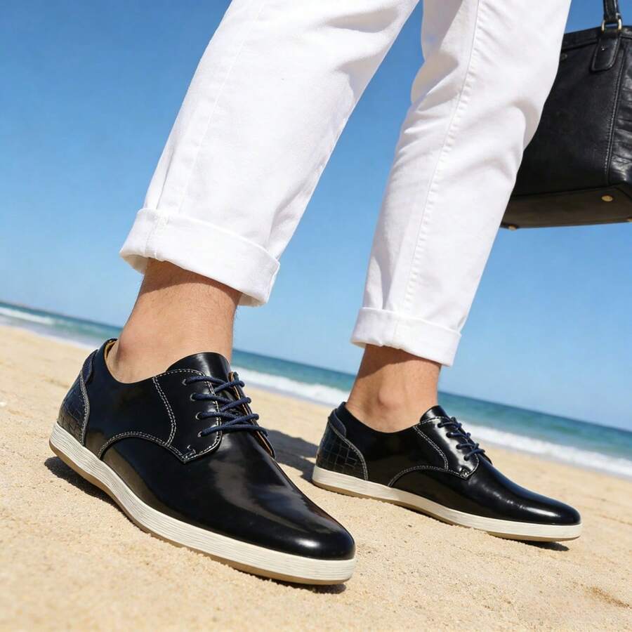 男士休闲运动鞋，PU鞋面，后跟耐磨设计，橡胶鞋底，舒适步行鞋 - 黑色 - 查看 1