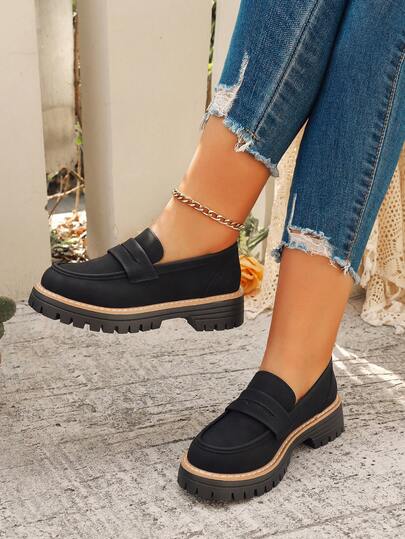 女士时尚休闲圆头乐福鞋，套脚厚底平底鞋