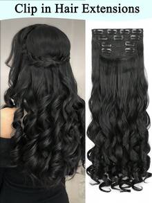 夹式接发，20 英寸长波浪形 4 件接发天然柔软合成纤维耐高温耐热夹式假发适合女性婚礼派对日常使用 - 黑色 - 查看 1