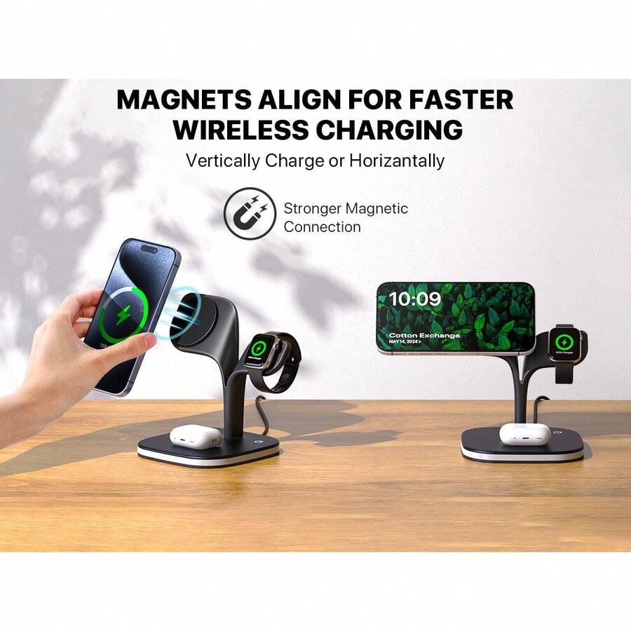 Apple Fast Wireless Charger Stand With LED Display And Leaf-Shaped Design, Suitable For IPhone 17, 16, 15, 14, 13, 12 Series As Well As 1-10 Ultra Pro Multi-Device Charging Stations - Black - View 1