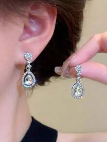 1 Pair Elegant Teardrop Rhinestone Inlaid Glass Earrings, Sophisticated Personalized Suitable For Party, Wedding, Daily Wear - 銀色 - 查看 1