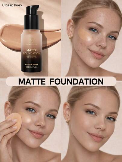 Fundación líquida mate de acabado duradero y resistente a las manchas - Fundación iluminadora de control de aceite de cobertura total, corrector sin poros, resistente al agua, impecable, sin desvanecimiento, ligera de 1.0 FL.OZ (Marfil clásico) Maquillaje facial cosmético para mujeres y niñas, perfecto para invierno y primavera, ideal para el estilo Y2K, moda adecuada para regalo de cumpleaños, San Valentín, fiesta de rave, mejor color