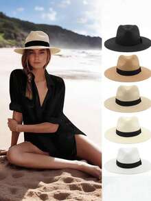 1pc Unisex Summer Sun Protection Straw Hat, Wide Brim Beach Hat, Travel Panama Hat - A - View 1