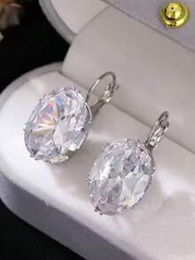 1 Đôi bông tai khoen tròn kiểu dáng cổ điển xuyên biên giới Châu Âu và Mỹ, đính đá Zirconia hình bầu dục sáng bóng, khảm đồng. - Nhiều màu - Xem 2