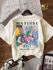 Camiseta de manga corta con cuello redondo, estampado de letras y flores, de estilo casual de verano para mujer - Blanco - Ver 3