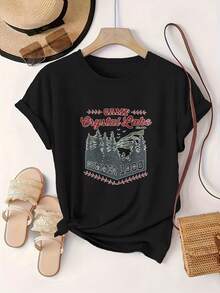 Women's Oversized Crew Neck Graphic Cotton T Shirt Black White Options,  Camp Crystal Lake Summer 1980 Casual Wear, Spring Short Sleeve Loose Fit Tops, Summer Fashion Basic Tees, Clothes Gift For Womens - 黑色 - 查看 1