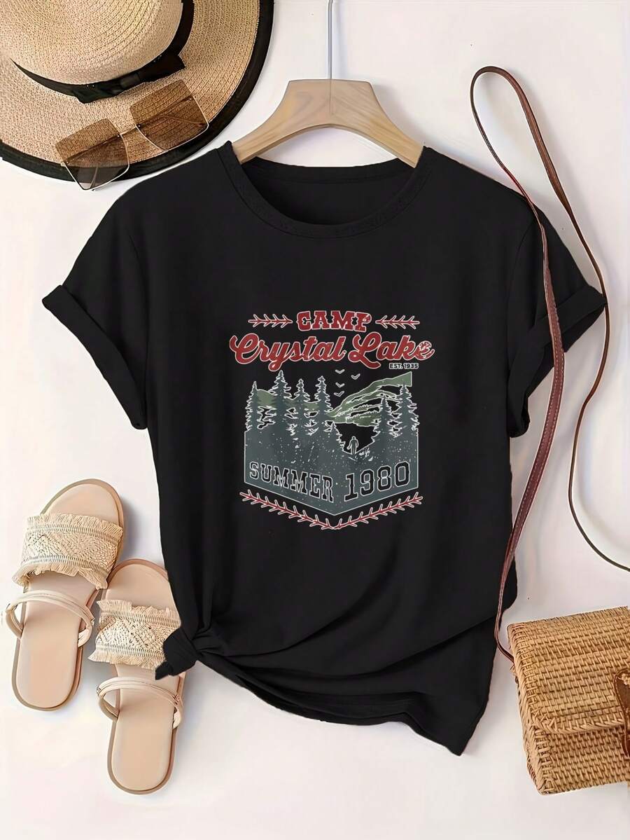 Women's Oversized Crew Neck Graphic Cotton T Shirt Black White Options,  Camp Crystal Lake Summer 1980 Casual Wear, Spring Short Sleeve Loose Fit Tops, Summer Fashion Basic Tees, Clothes Gift For Womens - 黑色 - 查看 1