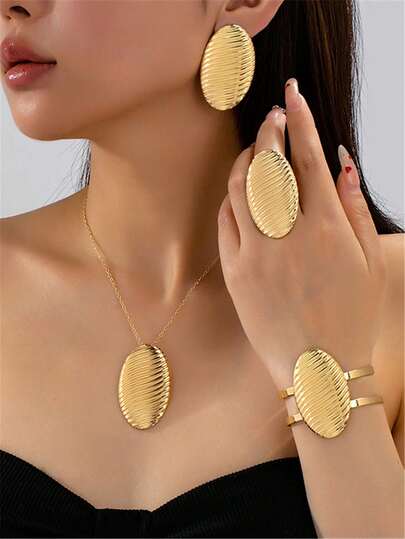 5件套极简主义金属椭圆形手链、戒指、耳环、项链首饰套装，时尚欧美风格，适合派对佩戴，也可单独佩戴。