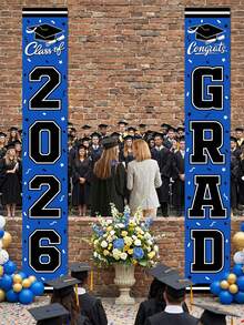 2pcs-Class Of 2026 Graduation Door Banners, Blue Graduation Porch Signs With Grad Cap & Diploma Print, Durable Polyester Decor For Graduation Party - Multicolor - View 5