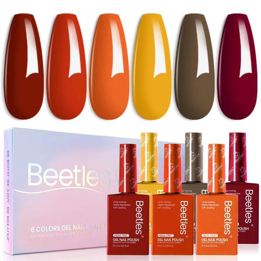 Beetles 15ml 6 Colors HEMA-Free Gel Nail Polish Set Autumn Dusk, Burgundy Brown Dark Red Yellow Light Orange, Soak Off UV LED Gel Polish, DIY Home Salon Gift For Women - 6 Colors Hema-free Autumn Dusk - 查看 1