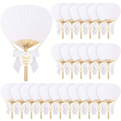 15/3件套白色竹柄圆扇礼盒套装，婚礼宾客回礼扇，拍照道具扇，婚礼及生日装饰，包含礼品袋、感谢卡、竹制手持折扇，适合新娘、单身派对、婚礼、新娘送礼会装饰、伴娘竹制手持折扇