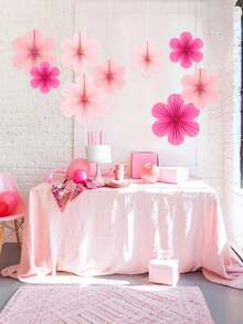 9pcs Pink Flower Paper Fans,Wall Decorations,Pink Flower Hanging Decor,Birthday,Party Background,Wedding Decorations,Engagement,Singles' Party,Flower Ball Decor, Home Living Room Bedroom Hanging Decor,Outdoor Garden Decor,Baptism Party Decorations - A - View 5