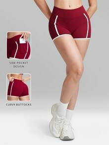 MFVIM 女士运动短裤，撞色条纹设计，3D立体剪裁，侧边口袋，修身塑形，透气柔软弹力面料，休闲运动紧身裤，适合跑步、瑜伽、健身、户外活动 - 紅木色 - 查看 4