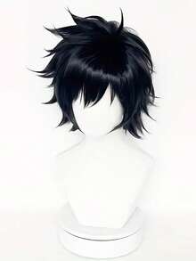 8inch Black Straight Wig, Suitable For Anime Cosplay, Everyday Wear, Unisex, Made Of Synthetic Fiber - Black - View 6