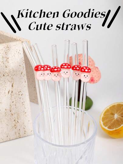 1/2PCS [Mushroom Straws]Red Translucent Reusable Bent Glass Straws For Smoothies, Bubble Tea, Iced Coffee, Cocktail Drinks | Whimsical Party Supplies, Kitchen & Outdoor Accessories | Unique Gift For Friends Family (Wedding Birthday Gift)Mother's Day & Father's Day Thoughtful Gifts
