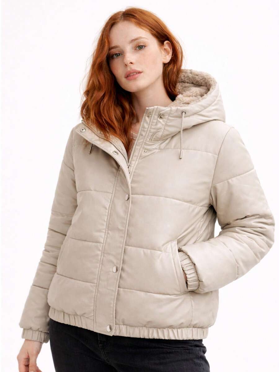 Women's Puffer Jacket In Faux Leather, Lined With Fur, Removable Hood, Winter Premium Casual PU Leather, Zipper - Beige - View 1