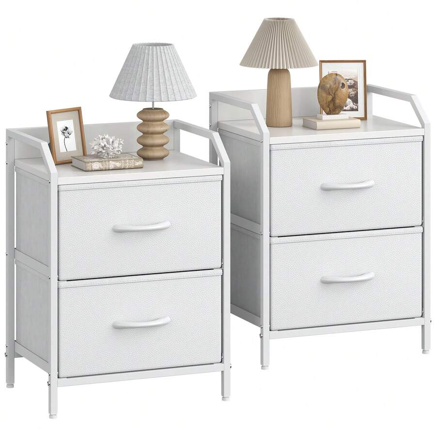 Set Of 2 Bedside Table, Large Capacity Side Table,Bedside Cabinet With 2 Fabric Storage Drawers,Sofa Side Table End Tables Nightstand For Bedroom,Living Room - White - View 1