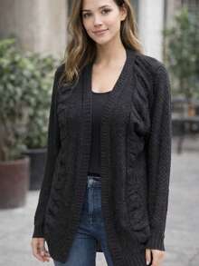 Women's Long Knitted Cardigan, Braided, Winter, Elegant, Casual, Knit, Cable Stitch, Coat, Home, Office, Vacation, School, Travel - 黑色 - 查看 1