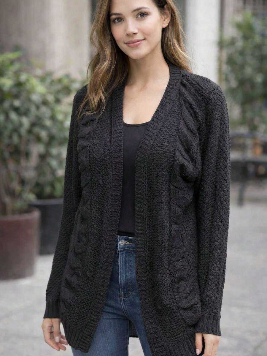 Women's Long Knitted Cardigan, Braided, Winter, Elegant, Casual, Knit, Cable Stitch, Coat, Home, Office, Vacation, School, Travel - 黑色 - 查看 1
