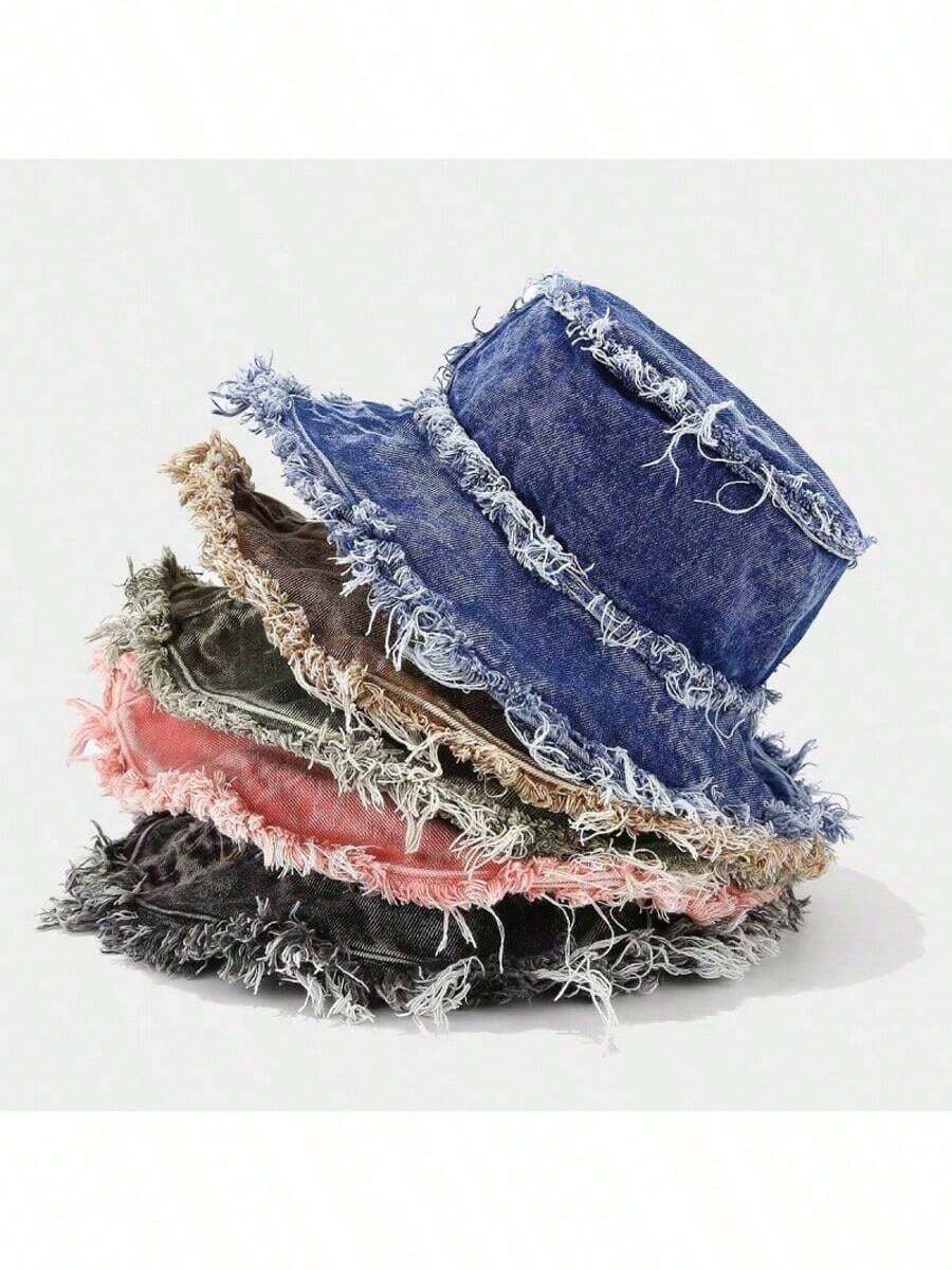 New Arrival Fashionable Personalized Korean Style Washed Frayed Brim Reversible Bucket Hat, Retro Street Hip Hop Solid Color Bucket Hat,Summer,Beach,Holiday,Festival,Travel - Silk Hat - View 1