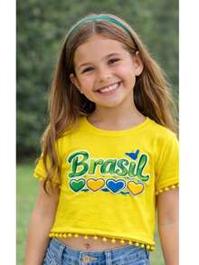 Cropped Oversized T-Shirt For Children 2 To 15 Years Old - BRAZIL / WORLD CUP! - Yellow Print, Green and Yellow - View 3