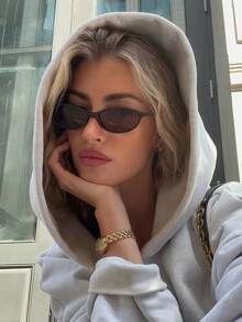 1副新款经典小框椭圆形时尚眼镜，复古街头风百搭个性眼镜，女士款 - 亮黑框灰片 - 查看 2