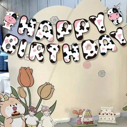 1 Set Pink Cow Birthday Party Hanging Pennant Flags, Pink And Brown Cartoon Cow Design, Suitable For Farm Theme Indoor And Outdoor Garden Hanging Decor Party, Durable Paper Hanging Decor For Indoor/Outdoor Garden, Graduation, Easter, Valentine's Day, Wedding, Birthday Party (No Electricity Required), Birthday Party Hanging Flags, Young People's Shower Party Supplies, Anniversary Party Backdrop Decor, Birthday Party Hanging Flags, Suitable For Home Decor, Outdoor Decor Birthday Pennant Banners