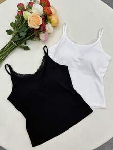 Bộ 2 chiếc áo hai dây ren tối giản thoải mái dành cho nữ, có nơ, kiểu dáng ngắn, thích hợp mặc mùa hè. - Nhiều màu - Xem 4