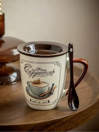 1 chiếc cốc cà phê bằng gốm kiểu Ý dùng cho Latte, Mocha, Cappuccino kèm nắp và thìa, cốc Latte kiểu Mỹ cổ điển, cốc sữa yến mạch kiểu Pháp cổ điển, thích hợp cho nhà hàng, phòng khách, quán cà phê.