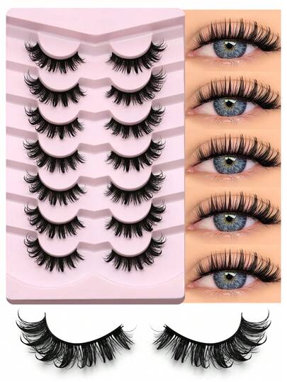 GROINNEYA 7对装湿式假睫毛，舒适猫眼款，蓬松轻盈仿貂毛假睫毛，15毫米长，自然纤长，整条式，浓密卷翘，可重复使用，适合大多数眼型，单身派对必备