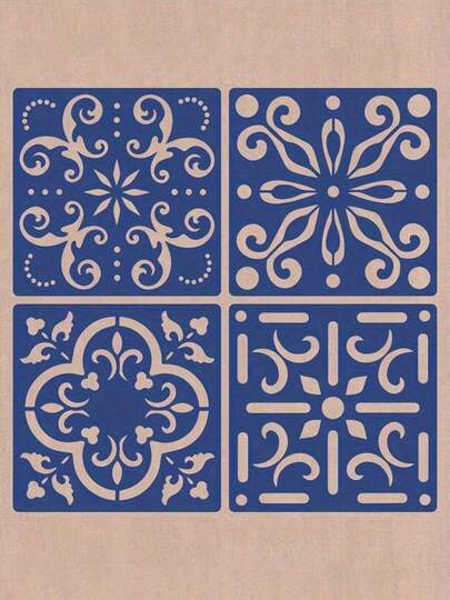 4pcs Geometric Pattern Mexican Style Tile Stencils, 6.3 Inch Size, Reusable Painting Template For Floor/Wall/Furniture, DIY Home Decor