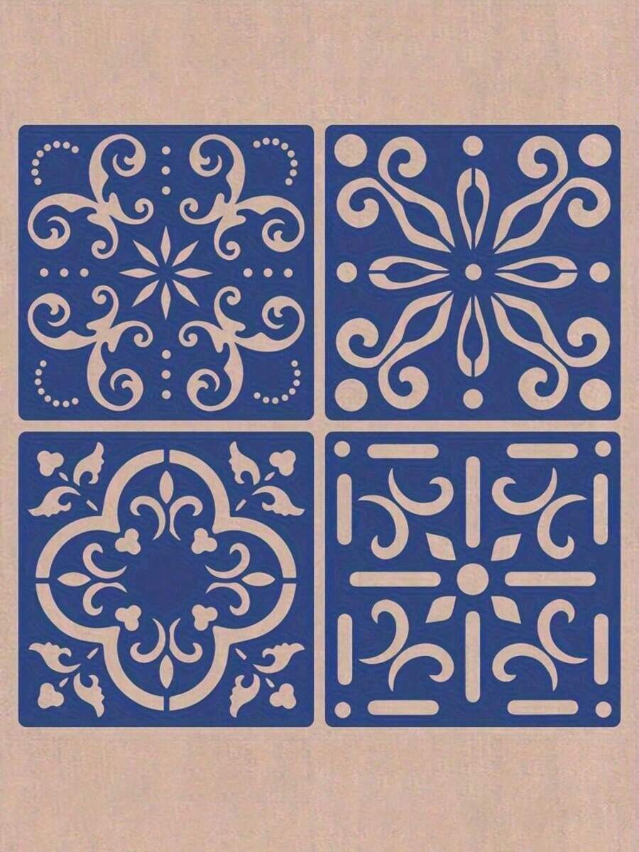 4pcs Geometric Pattern Mexican Style Tile Stencils, 6.3 Inch Size, Reusable Painting Template For Floor/Wall/Furniture, DIY Home Decor - Sets - View 1