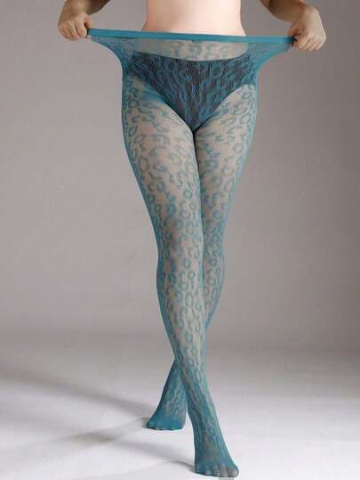 1件加大码弹力紧身裤，性感豹纹印花，万圣节服装渔网袜，女士时尚镂空黑色渔网连裤袜