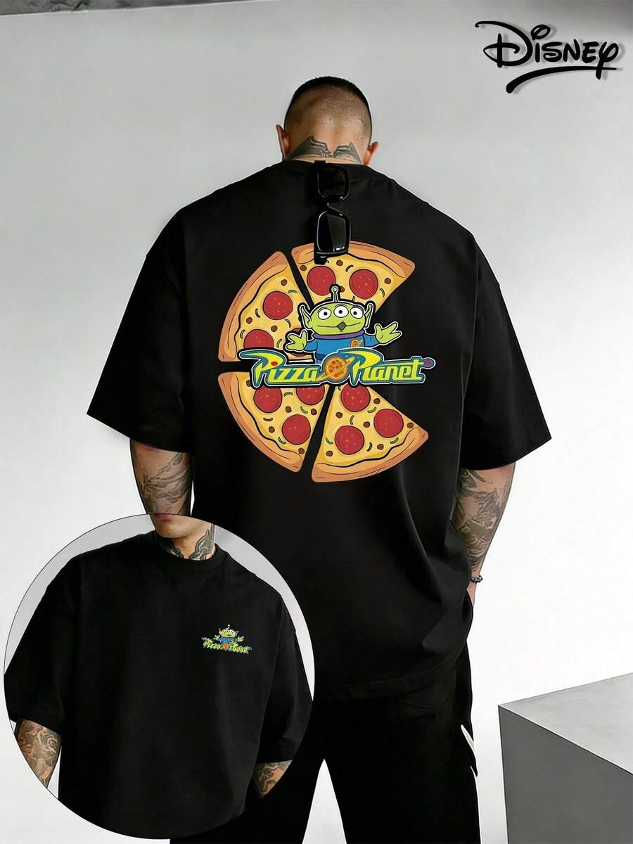 Disney Pizza Planet Alien Retro Classic Cartoon Pattern T-Shirt, Summer Men's T-Shirt, High-Quality 100% Cotton 200 Grams Short Sleeve T-Shirt, Holiday Leisure Men's And Women's T-Shirt, Crew Neck, Soft And Breathable, Suitable For Year-Round Wear, Perfect For Daily Commuting, Street Leisure Activities, Vintage Cartoon Lover Must-Have Shirt, Preferred Men's Gift, The Best Gift For Good Friends - 黑色 - 查看 1