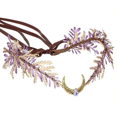 紫色月亮仙子皇冠 - 森林精灵皇冠精灵头饰林地树叶头饰文艺复兴集市配饰女士万圣节派对精灵角色扮演