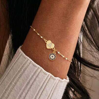 1件简约时尚心形字母眼睛吊坠金色不锈钢唇链手链女款