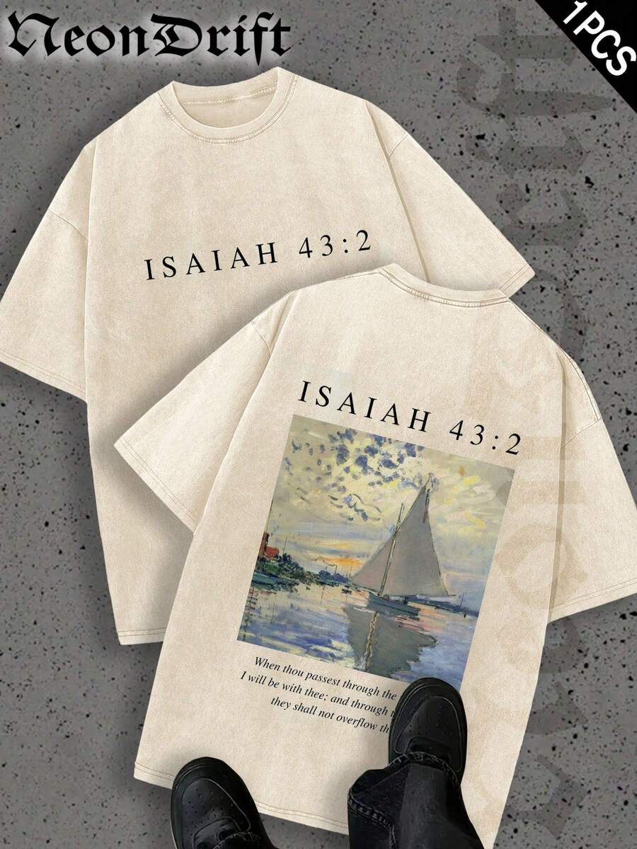 NeonDrift Double-Sided Printing Halloween, Christmas, Thanksgiving Gifts-Fear Not Isaiah 43:2 Christian T-Shirt With Ocean Wave Art – Inspirational Bible Verse Design, Soft Cotton Tee For Men, Faith-Based Streetwear, Religious Apparel For Daily Wear And Spiritual Expression - Màu be - Xem 1