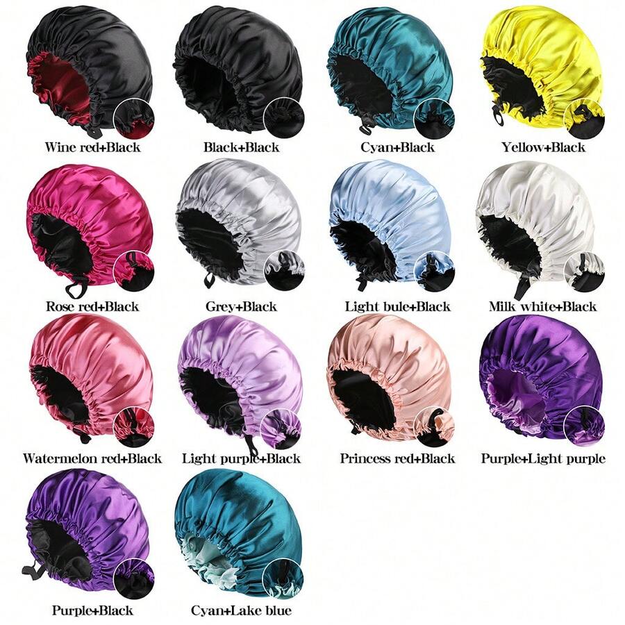 New Women's Fashion Double-Layer Satin Sleep Cap For Beauty And Hair Care, Adjustable BEQJ - Tím + Đen - Xem 1
