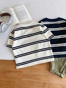 Young Boy Striped & Letter Print Short Sleeve T-Shirt, Casual Summer - Black and White - View 5