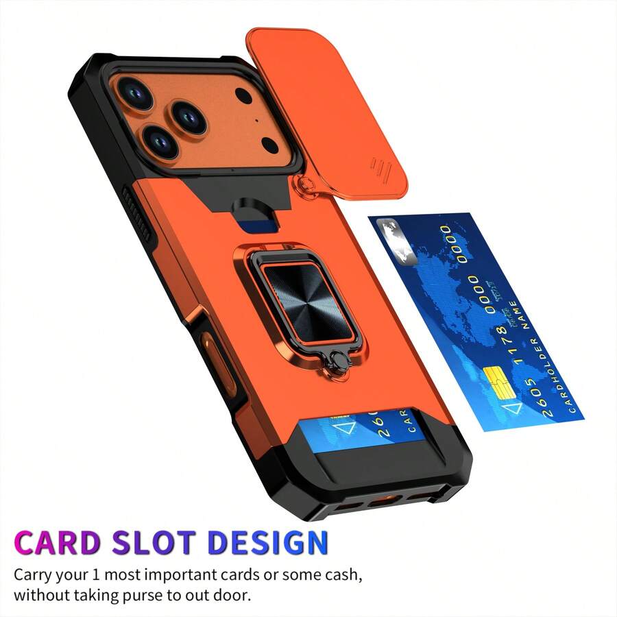 (Card Holder) Card Slot, Sliding Cover Card Holder, Pull-Out Window, Magnetic Car Mount, Invisible Stand, Shockproof Phone Case Suitable For 17pm/AIR/16/15/14/13/12/11/X/7/8/6.... - Orange - View 1
