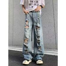 Pantalones de alta calle estadounidense 2026 jeans destrozados con estilo punk europeo y estadounidense unisex para hombre y mujer en descuento de fin de año para fiestas de Año Nuevo en invierno - Azul - Ver 11