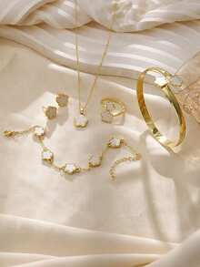 5pcs/Set Women's Lucky Flower Jewelry Set, Acrylic Bracelet, Necklace, Ring, Earrings - one-size - View 9