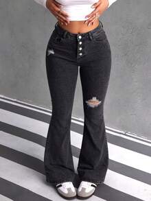 Jeans Acampanados de Alta Elasticidad de Cintura Media con Rotos de Color Negro para Mujer, Pantalones que Levantan las Nalgas - Gris - Ver 2