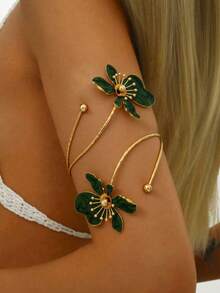 1件独特优雅花卉手镯，珐琅合金可开口手镯，简约时尚，适合母亲节礼物、派对、宴会和日常佩戴（避免长时间暴露于高温、海水等环境） - 綠色花臂環 - 查看 6