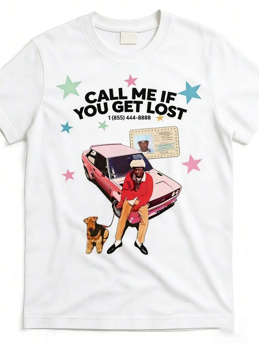 Y2K Tyler Creator "Call Me If You Get Lost" Album Cover With Car And Dog Print Graphic Tee,Casual Print,Comfortable And Versatile,Pure Heavy 220g 100% Cotton Printed T-Shirt,Unisex Style,1 Pcs - trắng - Xem 1