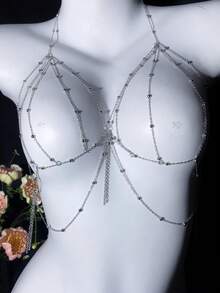 1 pieza Cadena para el pecho con múltiples capas de perlas falsas, sexy y elegante, personalizada, exquisita, accesorio para bodas y fiestas. Cadena corporal sexy de estilo europeo y americano para bikini con diseño tridimensional en la espalda, accesorio bohemio dorado para cadena de cintura de bikini y playa de verano para mujeres - Multicolor - Ver 2