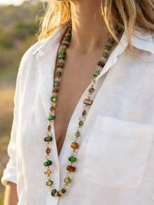 1 pieza Collar largo de doble capa con cuentas y conchas de estilo bohemio y colorido, collar asimétrico vintage apilable, adecuado para uso diario y de vacaciones - Multicolor - Ver 6