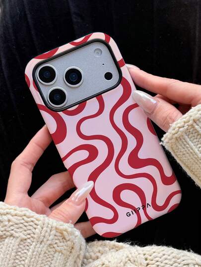 GIIPPA 1 szt. Różowa podstawa z asymetrycznym czerwonym wzorem fali na etui na telefon 17 Pro Max, pasujące do telefonów 16 Pro Max, 15 Pro Max, 14 Pro Max, koreańskie, stylowe i interesujące etui na telefon, kompatybilne z modelami 11/12/13/14/15/16 Pro Max Plus, elegancki design odpowiedni zarówno dla mężczyzn, jak i kobiet, idealny prezent dla dziewczyny na Boże Narodzenie, Walentynki, Wielkanoc, sezon ślubny i urodziny