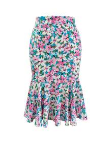 Falda tubo con estampado floral de talla grande, diseño de cintura alta con volante en el bajo, cintura elástica para un ajuste estilizador, adecuada para vacaciones de primavera y verano en color rosa - Rosa - Ver 3