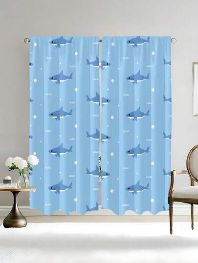 2 piezas Cortinas semi-opacas con diseño de tiburón azul estilo píxel, sin diseño de barra de perforación, estilo de dibujos animados lindos para sala de estar, cocina, decoración del hogar, tela de poliéster, lavable a máquina